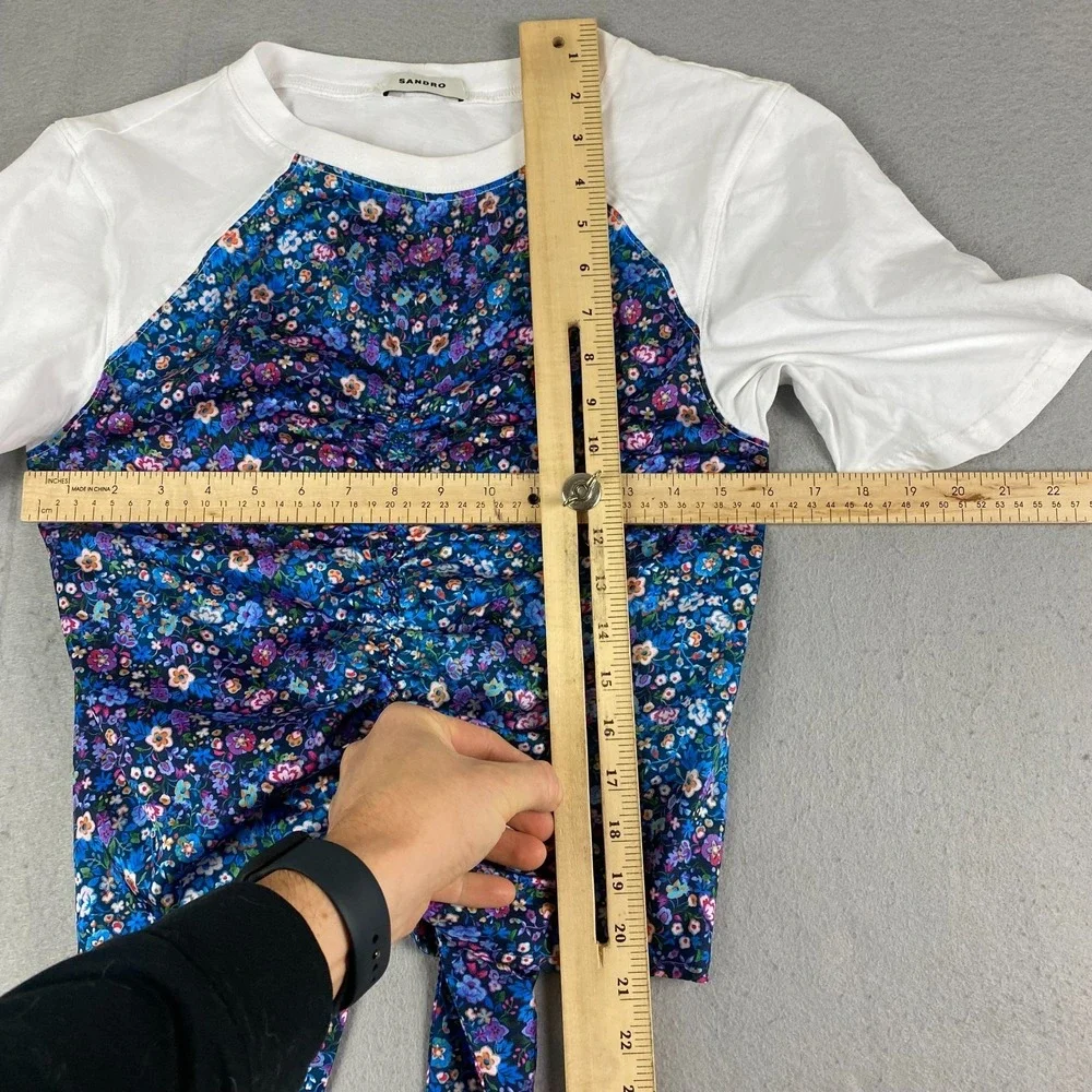 Sandro Lutetia Floral Print Mixed Media Top Open Back Tie Ruched Satin Blouse - Picture 10 of 13